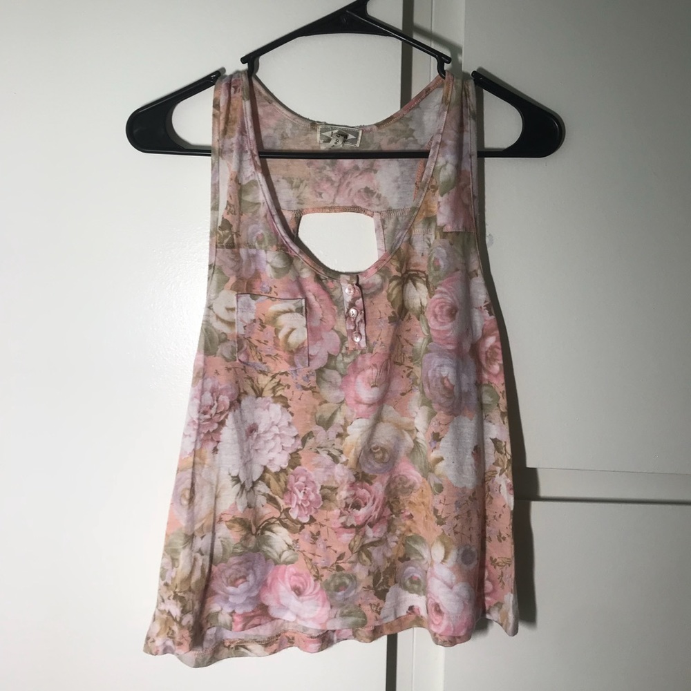 Pink floral top.